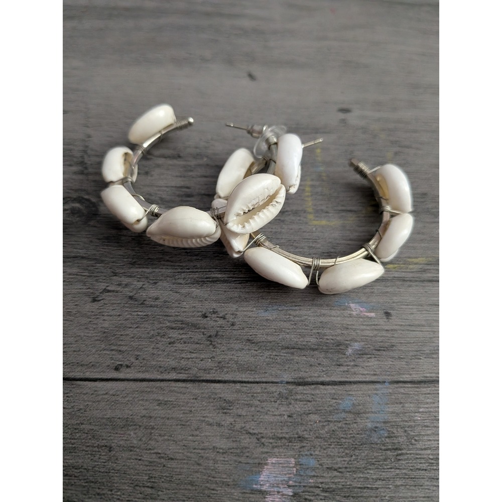White Cowrie Shell Wire Wrapped Silver Tone Hoop Earrings Boho Beachy Coastal